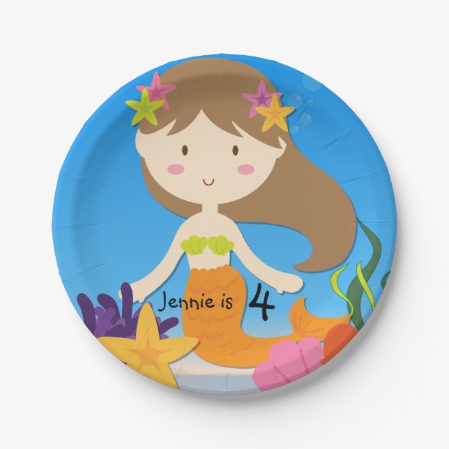 Personalized Brunette Mermaid Birthday Paper Plate (Front)