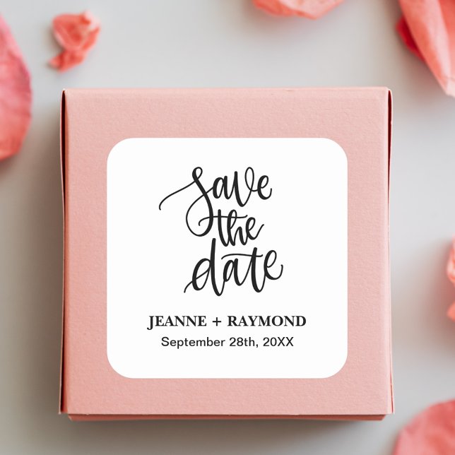 Personalized Brush Lettered Save the Date Wedding Square Sticker (Personalized brush lettered square sticker adds stylish charm to wedding mail.)