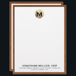 Personalized Brushed Gold Monogram Letterhead<br><div class="desc">Elevate your professional image with this personalized luxury monogram letterhead. The design features a brushed gold medallion initial at the top, with your name and contact information in classic block typography on a clean white background, trimmed in sable brown leather print. Perfect for adding a touch of sophistication to your...</div>