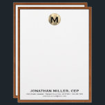 Personalized Brushed Gold Monogram Letterhead<br><div class="desc">Elevate your professional image with this personalized luxury monogram letterhead. The design features a brushed gold medallion initial at the top, with your name and contact information in classic block typography on a clean white background, trimmed in sable brown leather print. Perfect for adding a touch of sophistication to your...</div>