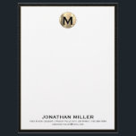 Personalized Brushed Gold Monogram Letterhead<br><div class="desc">Elevate your professional image with this personalized luxury monogram letterhead. The design features a brushed gold medallion initial at the top, with your name and contact information in classic block typography on a clean white background, trimmed in black leather print. Perfect for adding a touch of sophistication to your correspondence....</div>
