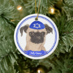 Personalized Brussels Griffon Hanukkah Yarmulke Ceramic Ornament<br><div class="desc">Celebrate your favourite mensch on a bench with personalized ornament! This design features a sweet illustration of a brussels griffon dog with a blue and white yarmulke. For the most thoughtful gifts, pair it with another item from my collection! To see more work and learn about this artist, visit her...</div>