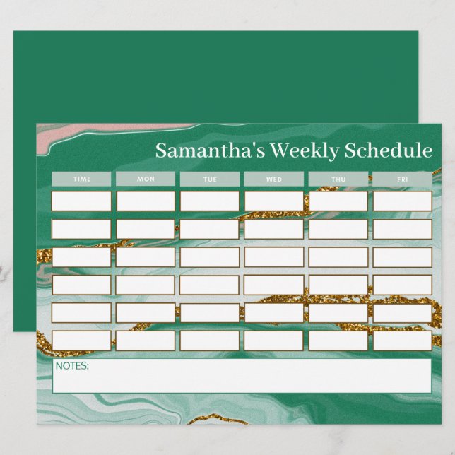Personalized Budget Green Marble Class Schedule  (Front/Back)