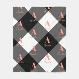 Personalized Buffalo Check Black White Pink Fleece Blanket