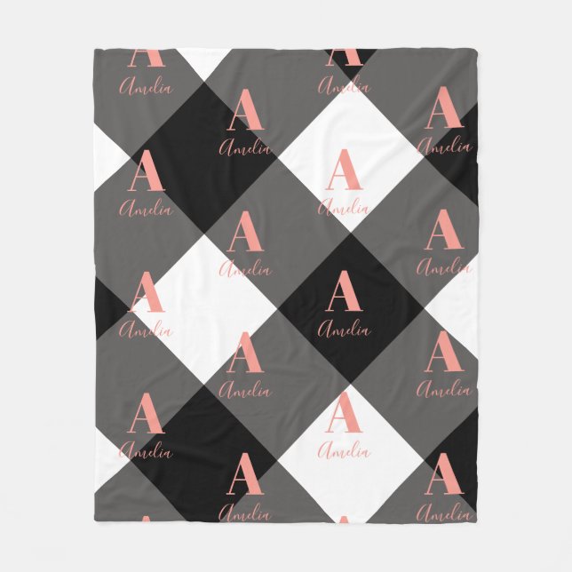 Personalized Buffalo Check Black White Pink Fleece Blanket (Front)