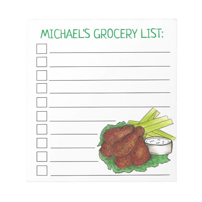 Personalized Buffalo Chicken Wings Grocery List Notepad (Front)