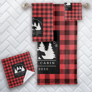 Personalized Buffalo Plaid Bear Forest Cabin  Bath Towel Set
