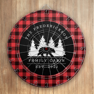 Personalized Buffalo Plaid Bear Forest Cabin Dartboard