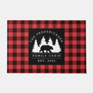 Personalized Buffalo Plaid Bear Forest Cabin Doormat