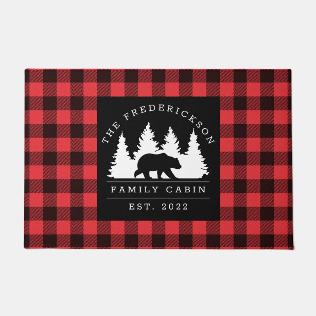 Personalized Buffalo Plaid Bear Forest Cabin Doormat (Front)