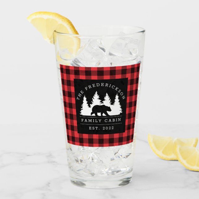 Personalized Buffalo Plaid Bear Forest Cabin Glass (Front Ice)