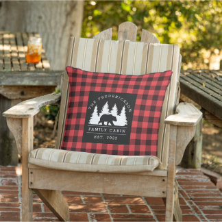 Personalized Buffalo Plaid Bear Forest Cabin Outdoor Pillow