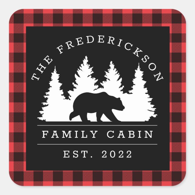 Personalized Buffalo Plaid Bear Forest Cabin Square Sticker (Front)