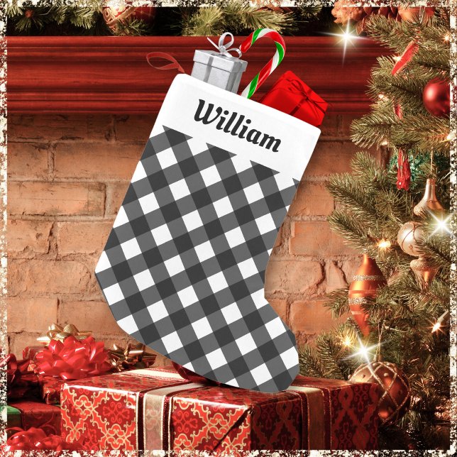 Personalized Buffalo Plaid Check Pattern Rustic  Small Christmas Stocking (A Christmas stocking with black and white buffalo plaid pattern. Personalize with a name at the top)