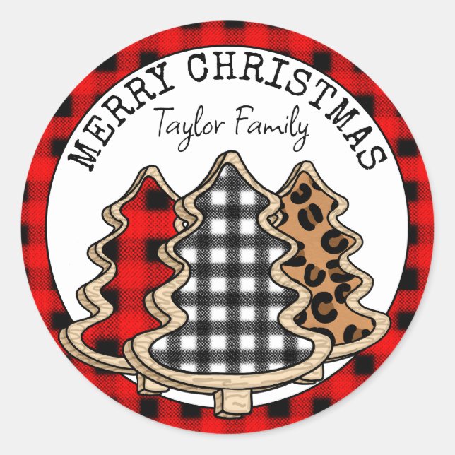 Personalized Buffalo Plaid Christmas Classic Round Sticker (Front)