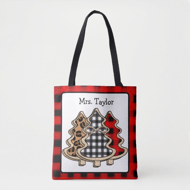 Personalized Buffalo Plaid Country Christmas Trees Tote Bag (Front)