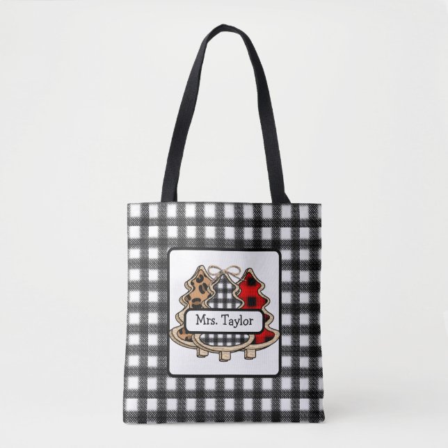 Personalized Buffalo Plaid Country Christmas Trees Tote Bag (Front)