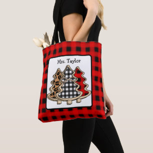 Personalized Buffalo Plaid Country Christmas Trees Tote Bag