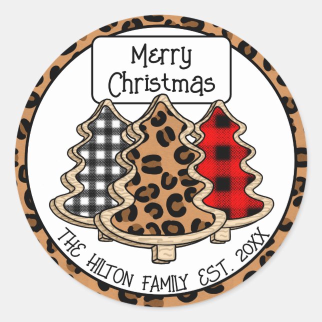 Personalized Buffalo Plaid Gingham Christmas Trees Classic Round Sticker (Front)