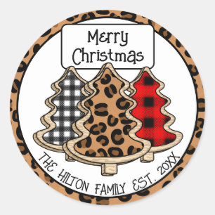 Personalized Buffalo Plaid Gingham Christmas Trees Classic Round Sticker