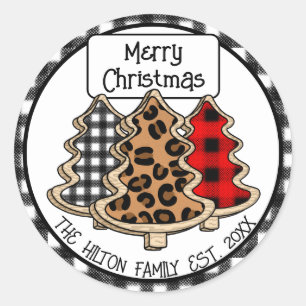 Personalized Buffalo Plaid Gingham Christmas Trees Classic Round Sticker