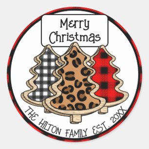 Personalized Buffalo Plaid Gingham Christmas Trees Classic Round Sticker