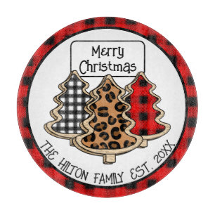 Personalized Buffalo Plaid Gingham Christmas Trees Cutting Board