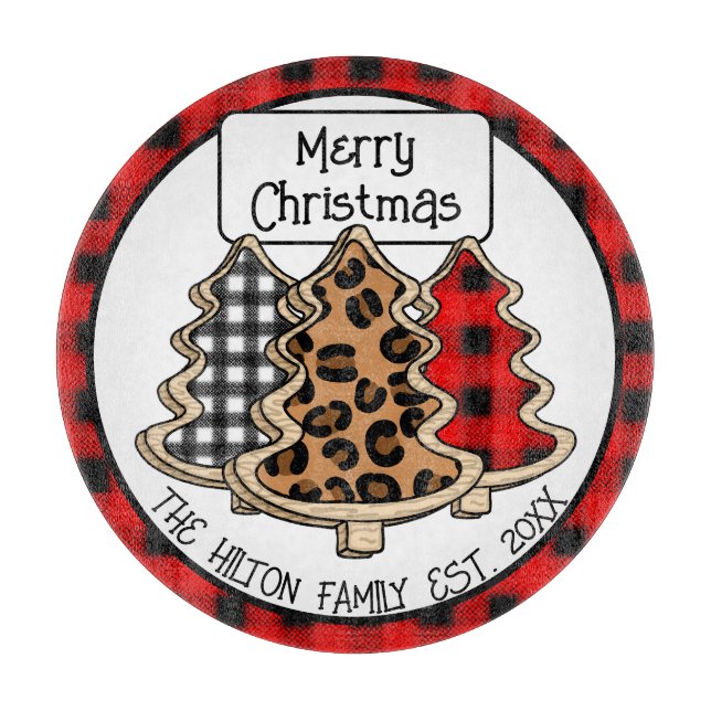 Personalized Buffalo Plaid Gingham Christmas Trees Cutting Board (Front)