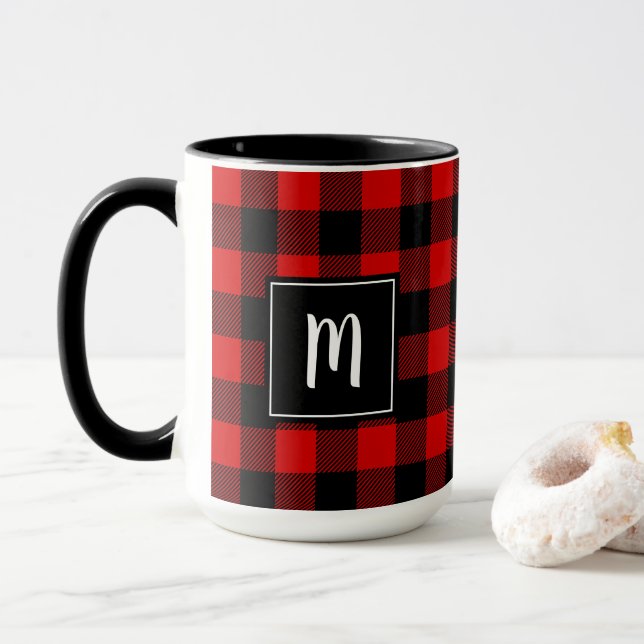 Personalized Buffalo Plaid Red Black Modern Mug (With Donut)
