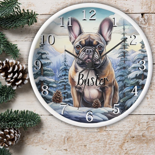 Personalized Bulldog Winter Wall Clock (Wooden Frame)