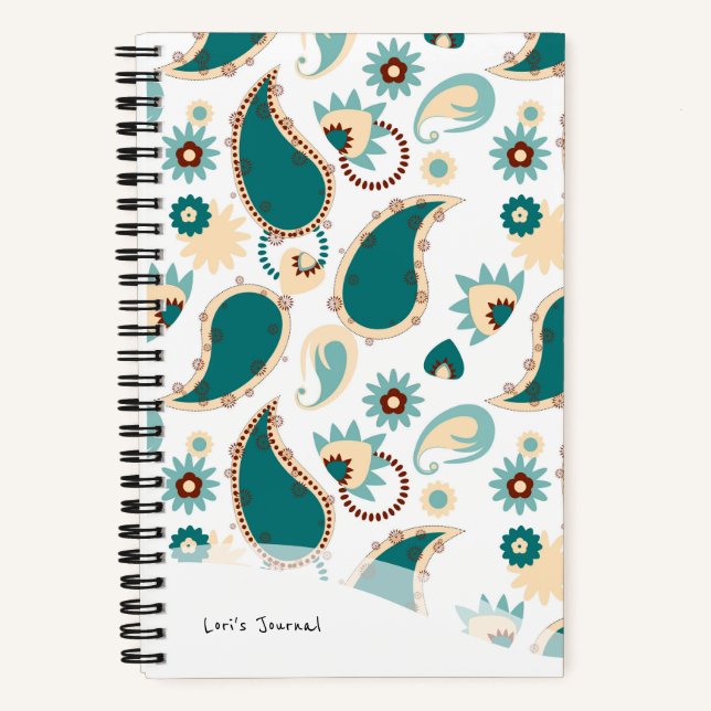 Personalized Bullet Journal Teal Boho Paisley (Front)