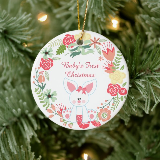 Personalized Bunny and Wreath Baby's 1st Christmas Ceramic Ornament (Tree)