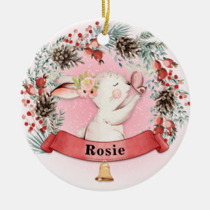 Personalized Bunny Christmas Floral Wreath Ceramic Ornament