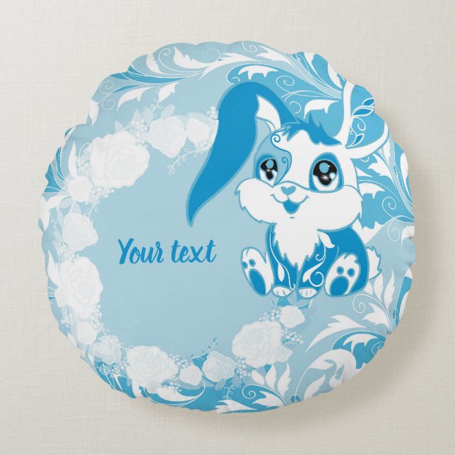 Personalized Bunny  Cute Blue Kawaii Round Pillow (Front)