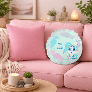 Personalized Bunny  Cute Blue Kawaii Round Pillow