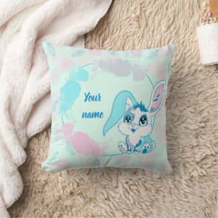 Personalized Bunny  Cute Blue Kawaii Throw Pillow