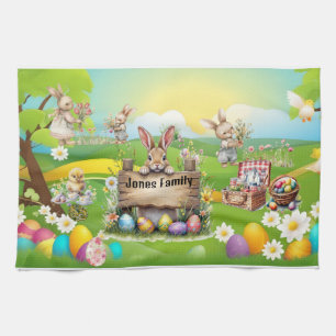 Personalized Bunny Family Picnic Tea Towel