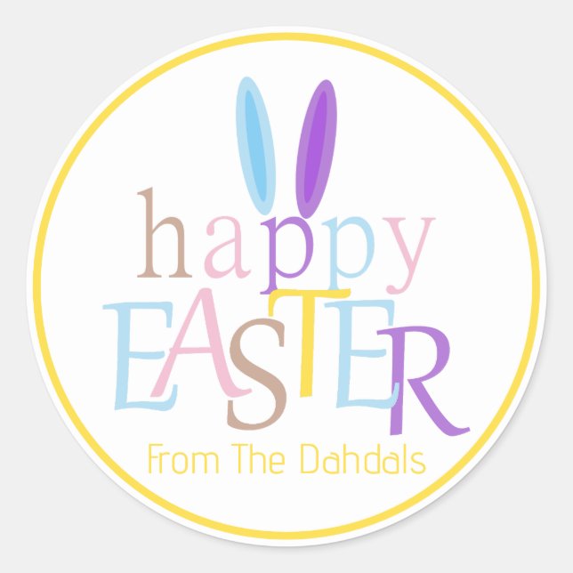 Personalized Bunny Happy Easter Dandelion Yellow Classic Round Sticker (Front)
