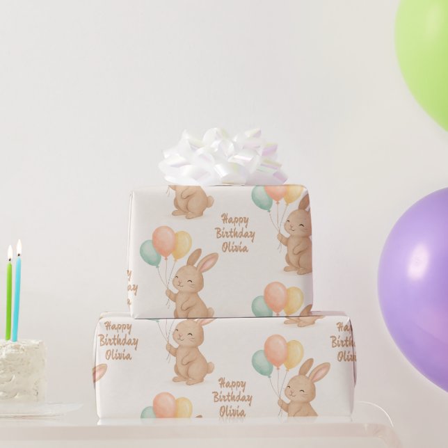 Personalized Bunny & Pastel Balloons - Cute Gift  Wrapping Paper (Party Gifts)