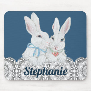 Personalized Bunny Rabbit Blue and White Lace Cute Mouse Pad