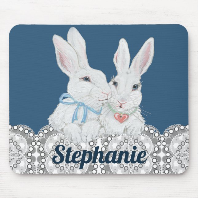 Personalized Bunny Rabbit Blue and White Lace Cute Mouse Pad (Front)
