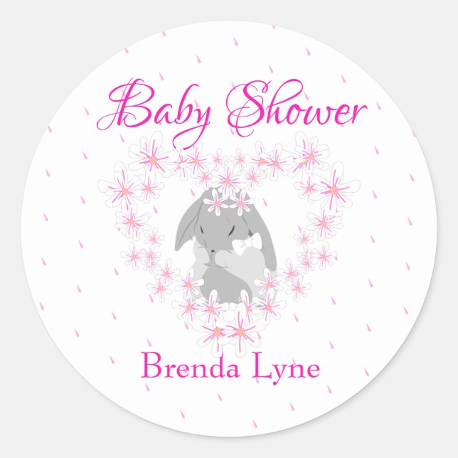 Personalized Bunny Rabbit Girl Pink Baby Shower Classic Round Sticker (Front)