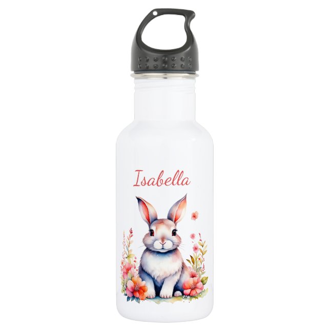 Personalized Bunny Rabbit in Pink Flowers 532 Ml Water Bottle (Front)