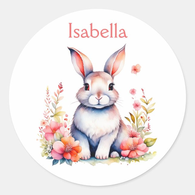 Personalized Bunny Rabbit in Pink Flowers Classic Round Sticker (Front)