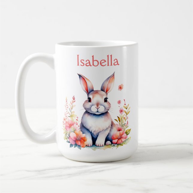 Personalized Bunny Rabbit in Pink Flowers Coffee Mug (Left)