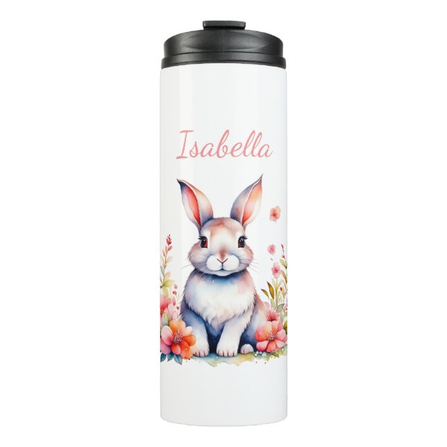 Personalized Bunny Rabbit in Pink Flowers Thermal Tumbler (Front)