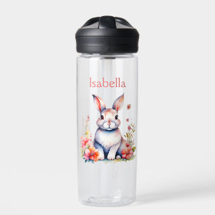 Personalized Bunny Rabbit in Pink Flowers Water Bottle