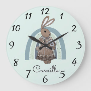 Personalized Bunny Rainbow Blue Nursery Large Cloc Clock