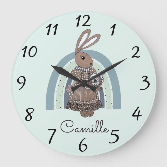 Personalized Bunny Rainbow Blue Nursery Large Cloc Large Clock (Front)