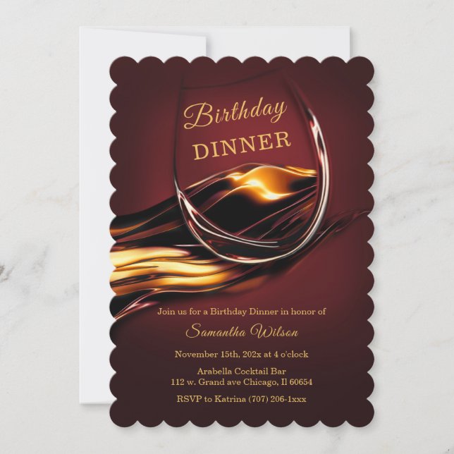 Personalized  Burgundy and Gold Dinner Birthday Invitation (Front)
